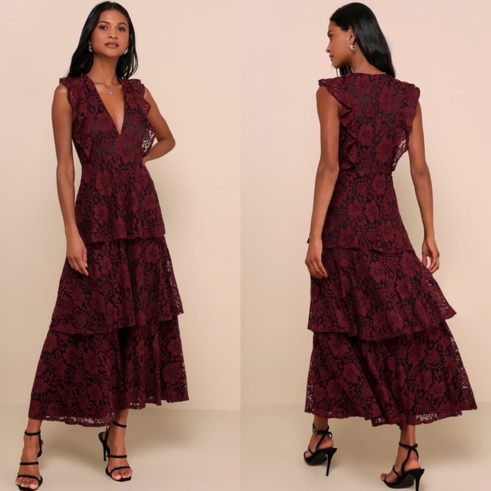 Lulu's Burgundy Lace Tiered Maxi Dress with Ruffle Shoulders